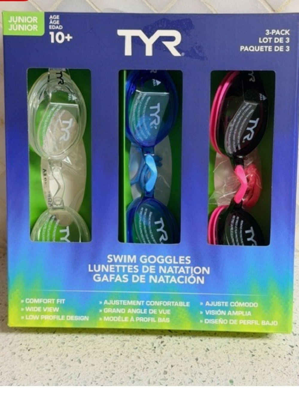 TYR Junior 3-Pack Swim Goggles in Clear, Blue, and Pink